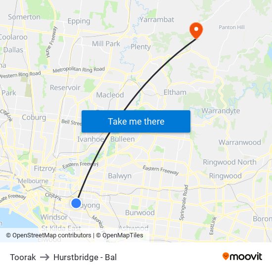 Toorak to Hurstbridge - Bal map