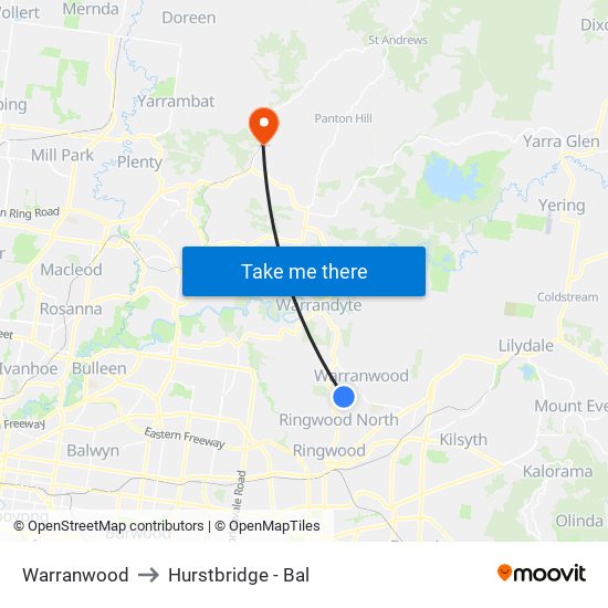 Warranwood to Hurstbridge - Bal map