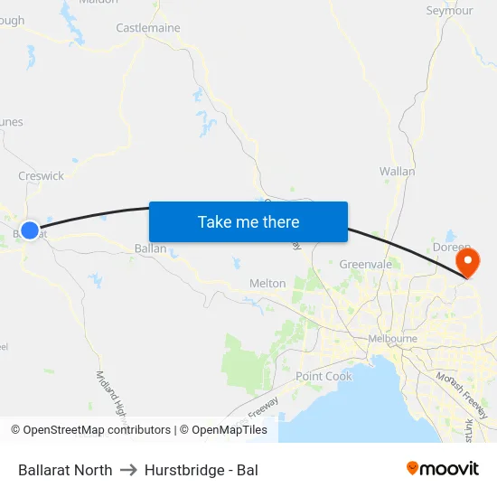 Ballarat North to Hurstbridge - Bal map