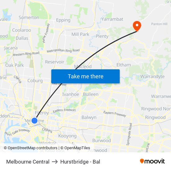 Melbourne Central to Hurstbridge - Bal map