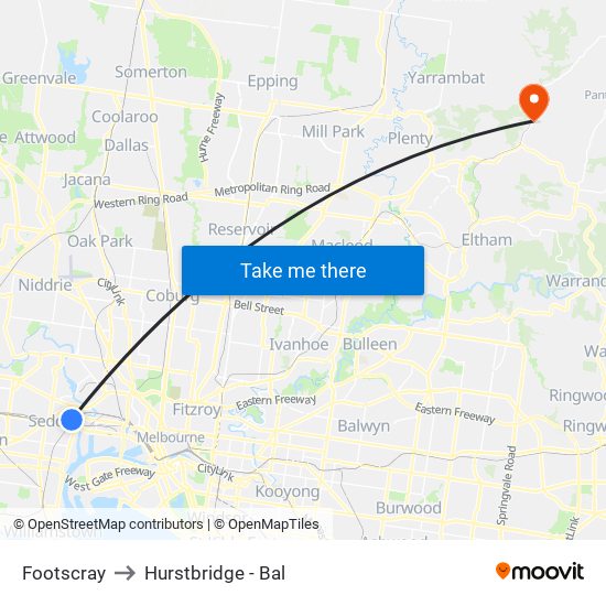 Footscray to Hurstbridge - Bal map