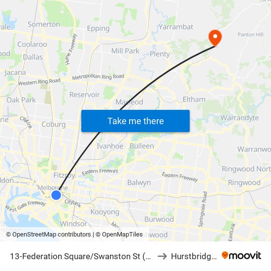 13-Federation Square/Swanston St (Melbourne City) to Hurstbridge - Bal map