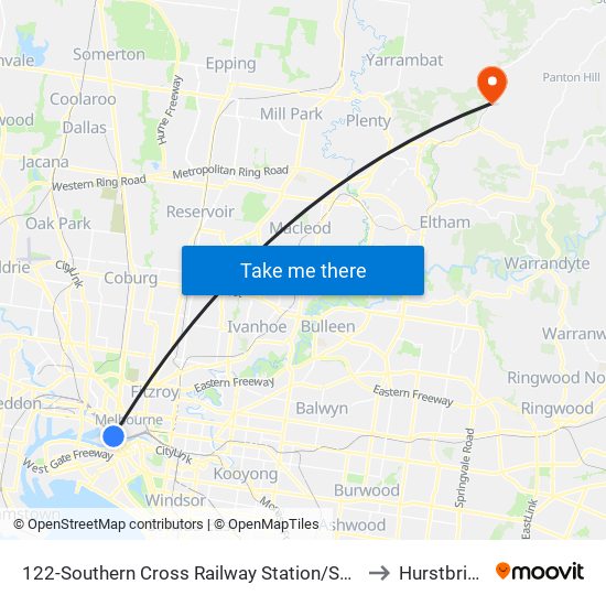 122-Southern Cross Railway Station/Spencer St (Melbourne City) to Hurstbridge - Bal map