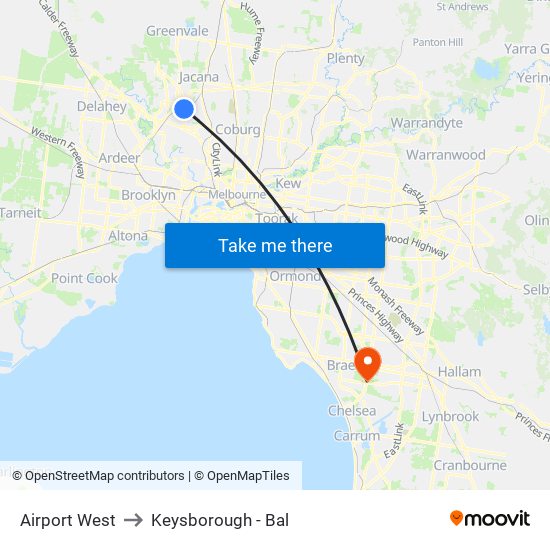 Airport West to Keysborough - Bal map