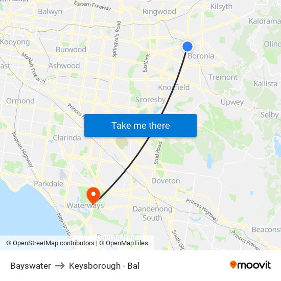 Bayswater to Keysborough - Bal map