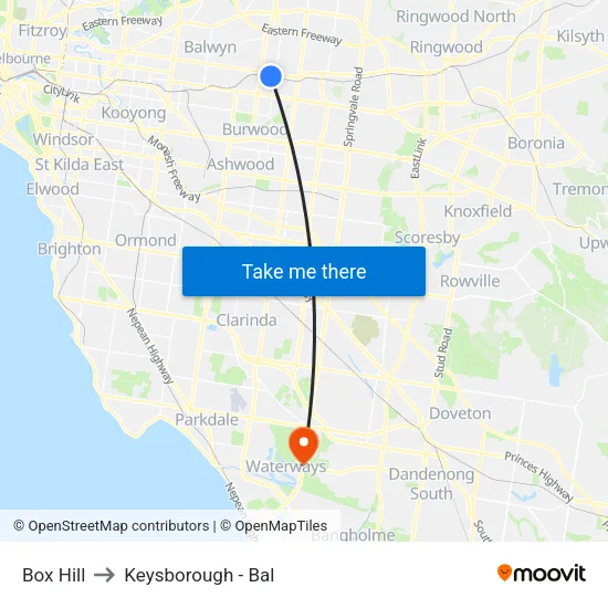 Box Hill to Keysborough - Bal map