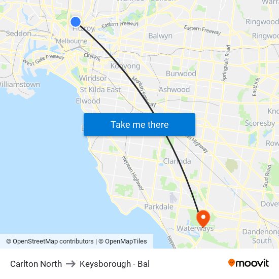 Carlton North to Keysborough - Bal map