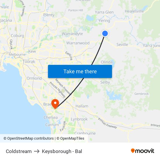 Coldstream to Keysborough - Bal map