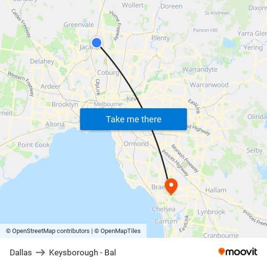Dallas to Keysborough - Bal map