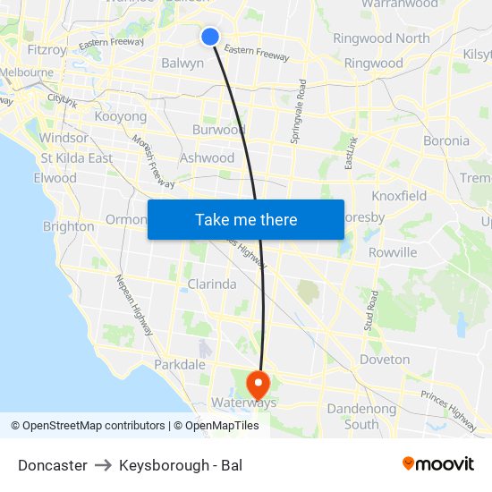 Doncaster to Keysborough - Bal map