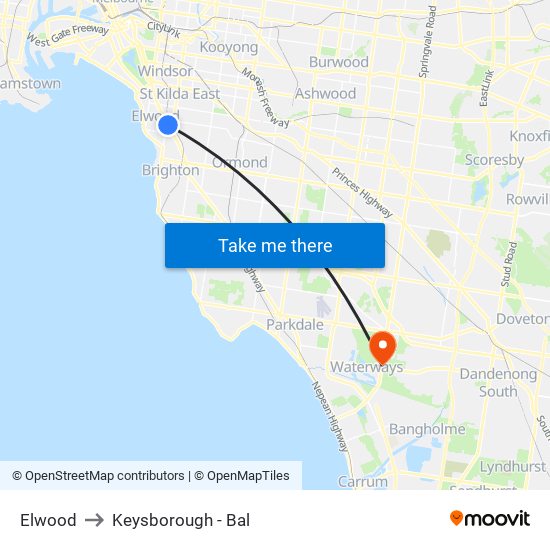 Elwood to Keysborough - Bal map