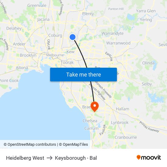 Heidelberg West to Keysborough - Bal map