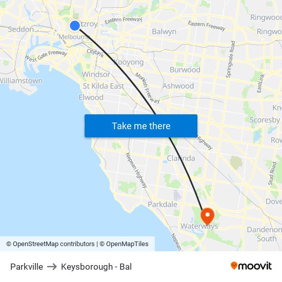 Parkville to Keysborough - Bal map