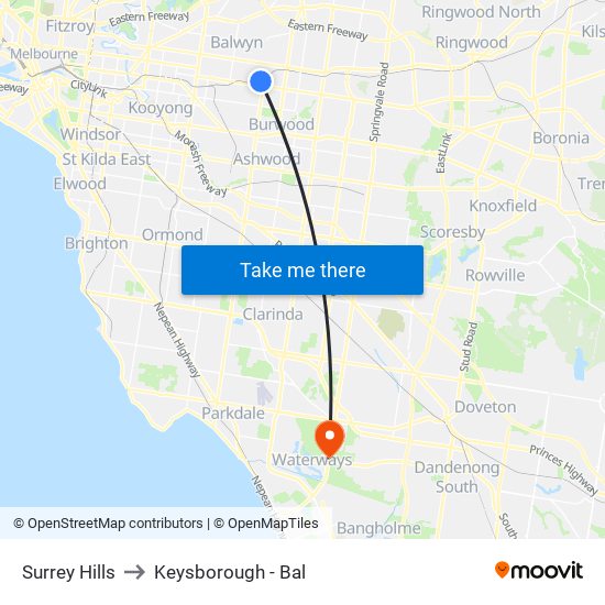 Surrey Hills to Keysborough - Bal map