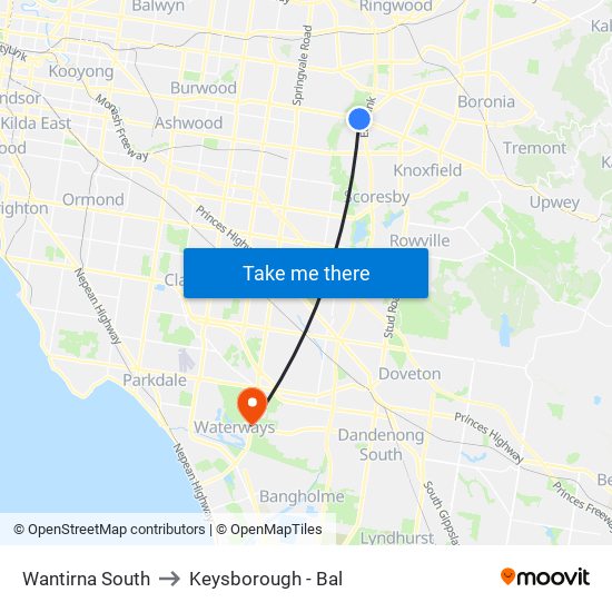 Wantirna South to Keysborough - Bal map