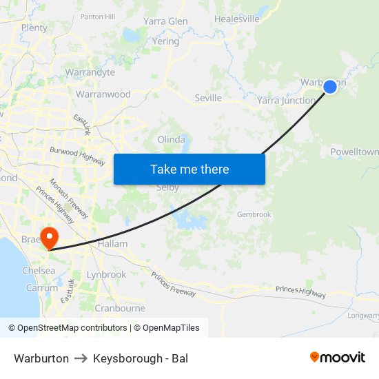 Warburton to Keysborough - Bal map