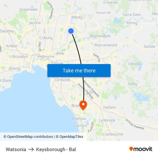 Watsonia to Keysborough - Bal map