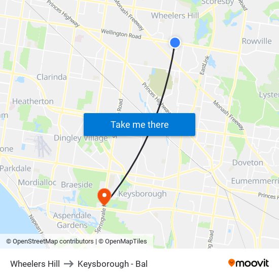 Wheelers Hill to Keysborough - Bal map