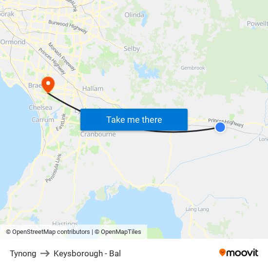 Tynong to Keysborough - Bal map