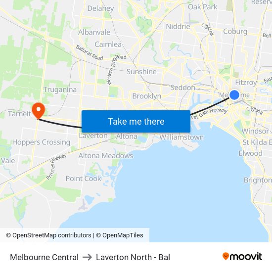 Melbourne Central to Laverton North - Bal map