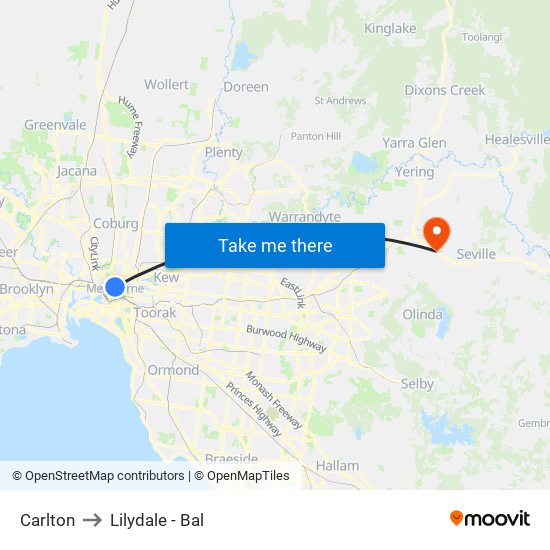 Carlton to Lilydale - Bal map