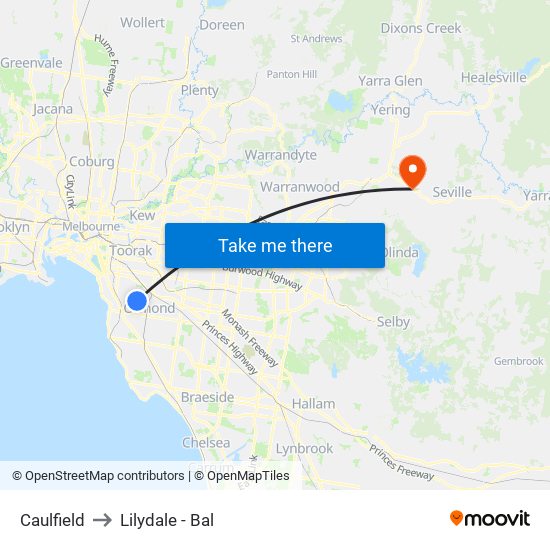 Caulfield to Lilydale - Bal map