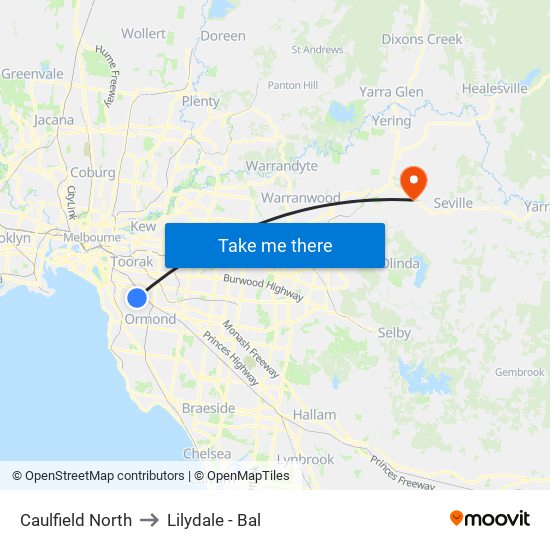 Caulfield North to Lilydale - Bal map