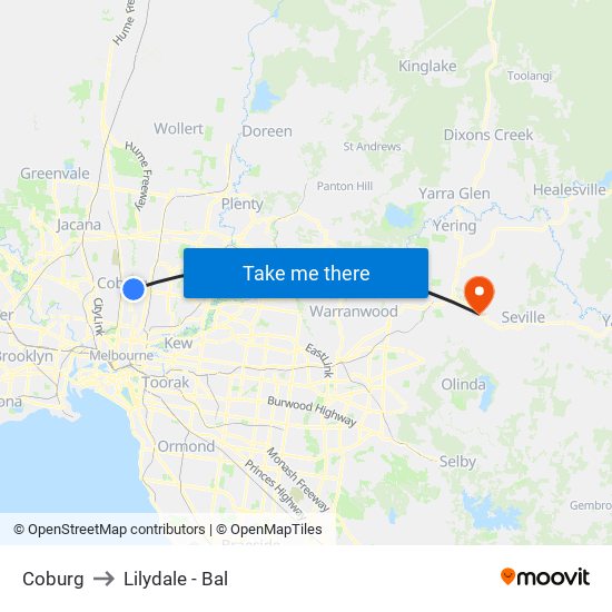 Coburg to Lilydale - Bal map