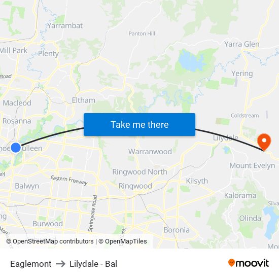 Eaglemont to Lilydale - Bal map