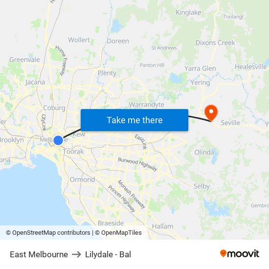 East Melbourne to Lilydale - Bal map