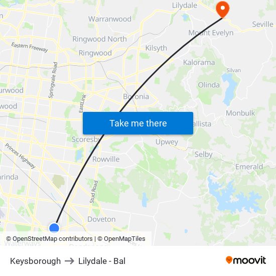 Keysborough to Lilydale - Bal map