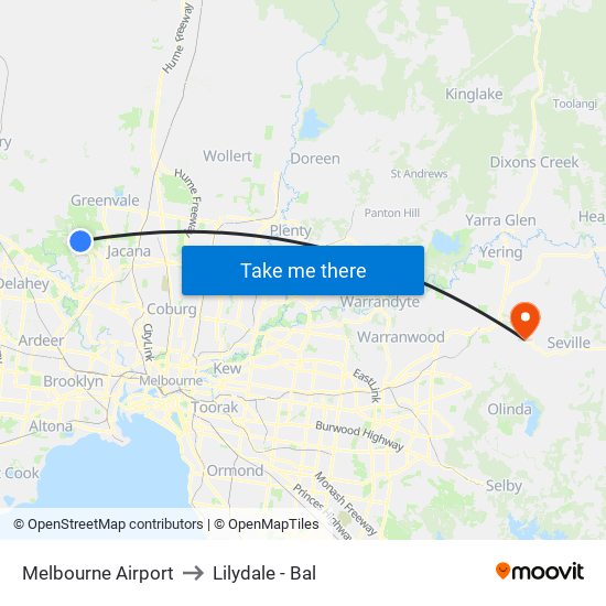 Melbourne Airport to Lilydale - Bal map