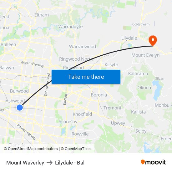 Mount Waverley to Lilydale - Bal map