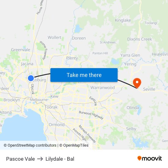 Pascoe Vale to Lilydale - Bal map