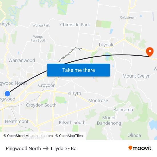 Ringwood North to Lilydale - Bal map