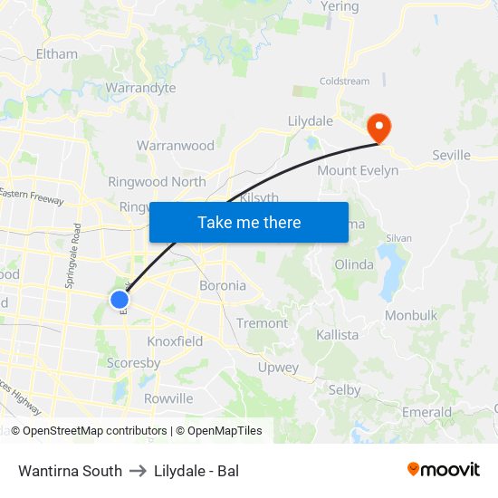 Wantirna South to Lilydale - Bal map