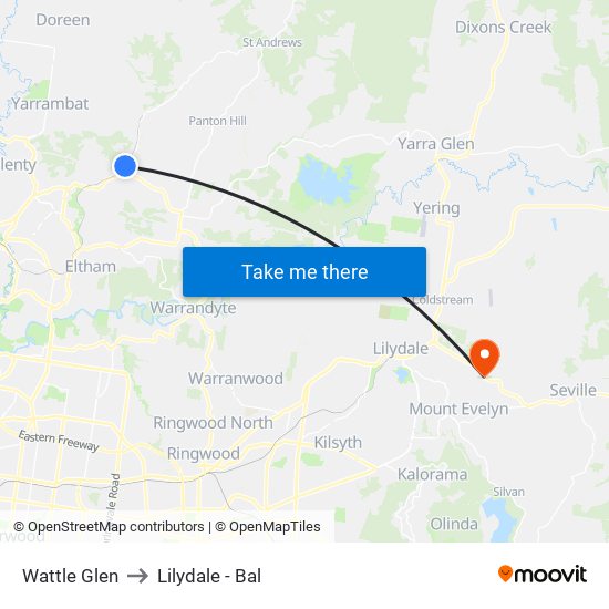 Wattle Glen to Lilydale - Bal map