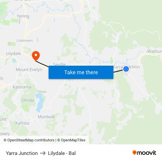 Yarra Junction to Lilydale - Bal map