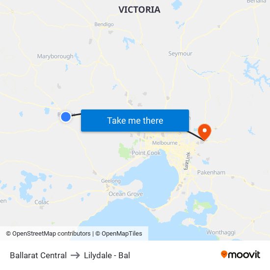 Ballarat Central to Lilydale - Bal map