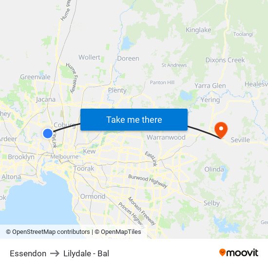 Essendon to Lilydale - Bal map