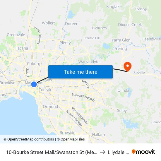 10-Bourke Street Mall/Swanston St (Melbourne City) to Lilydale - Bal map