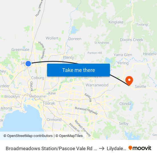 Broadmeadows Station/Pascoe Vale Rd (Broadmeadows) to Lilydale - Bal map