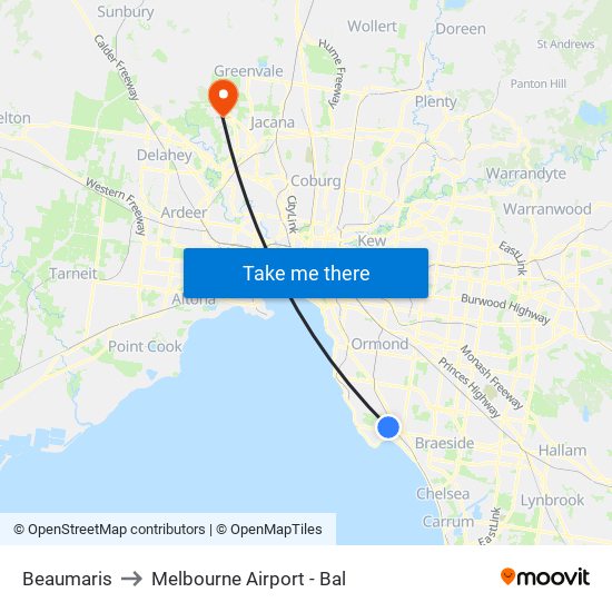 Beaumaris to Melbourne Airport - Bal map