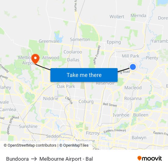 Bundoora to Melbourne Airport - Bal map