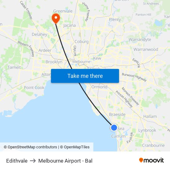 Edithvale to Melbourne Airport - Bal map