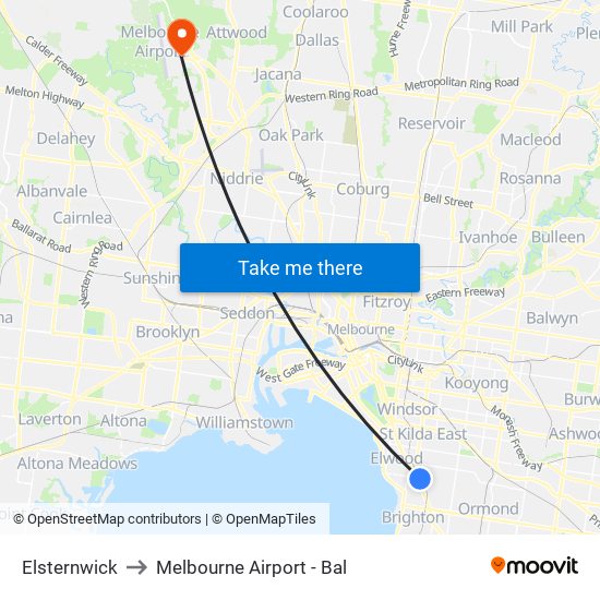 Elsternwick to Melbourne Airport - Bal map