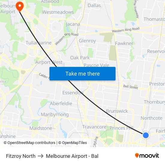Fitzroy North to Melbourne Airport - Bal map