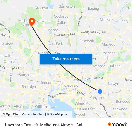 Hawthorn East to Melbourne Airport - Bal map