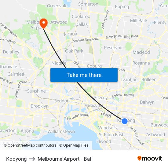Kooyong to Melbourne Airport - Bal map