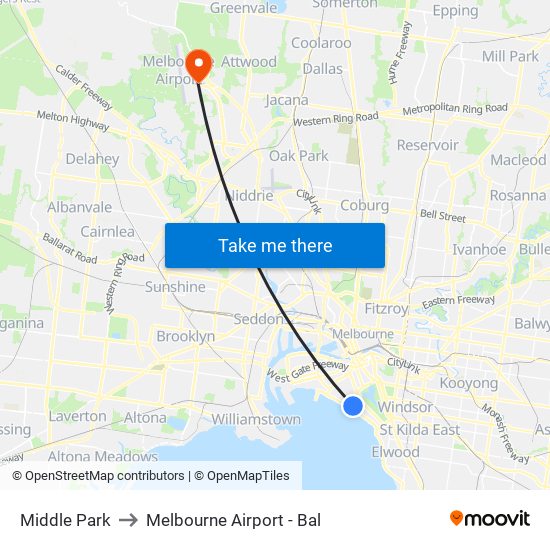 Middle Park to Melbourne Airport - Bal map